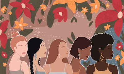 Wall Mural - Girls of different races together. modern flat illustration with flowers and leaves. isolated by layers. for poster, postcard, banner, magazine cover. women support.
