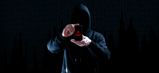 Wall Mural - Cyber security hacker smartphone. Internet web hack technology. Digital mobile phone in hacker man hand isolated on black banner. Data protection, secured internet access, cybersecurity.