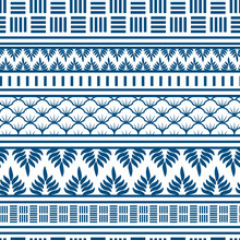 Seamless Geometric Blue Pattern In Oriental Style. Interweaving Of Plants And Geometric Shapes In The Background. Line Drawing