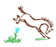 © larisa_zorina - Comic funny jumping horse. Hand drawn crayon or pencil cartoon doodle happy character. Artistic stroke kid style. Smiling friendly pet with grass flower. Vector simple equestrian art