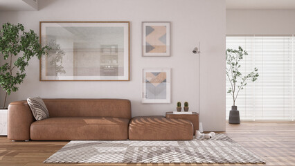 Wall Mural - Modern minimalist white and wooden living room in contemporary apartment with parquet. Brown leather sofa with pillow, capet, floor lamp and potted plants.Interior design concept