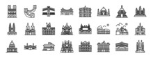 Set Of 24 Outline Web World Landmarks Icons Such As France, Great Wall Of China, Brooklyn, Golden Gate Bridge, Jordan, Agra, Potala Palace Vector Icons For Report, Presentation, Diagram, Web Design,