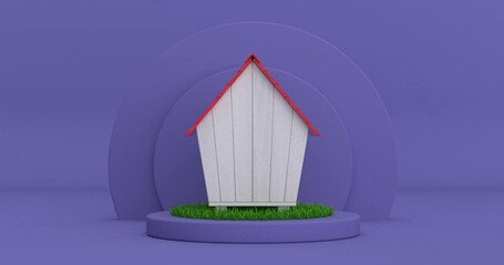 Aufkleber - 4k Resolution Video: Wooden Cartoon Dog House with Red Roof Rotating over Violet Very Peri Cylinders Products Stage Pedestal on a Violet Very Peri background loop animation
