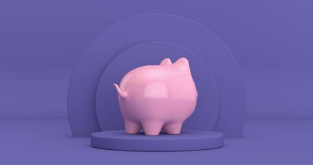 Poster - 4k Resolution Video: Pink Piggy Bank Rotating over Violet Very Peri Cylinders Products Stage Pedestal on a Violet Very Peri background loop animation
