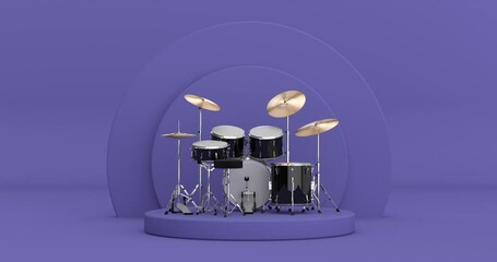 Poster - 4k Resolution Video: Black Professional Rock Drum Kit Rotating over Violet Very Peri Cylinders Products Stage Pedestal on a Violet Very Peri background loop animation
