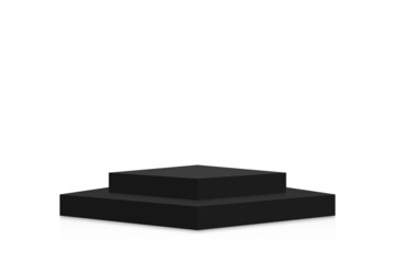 Poster - Black podium mockup in square shape. Empty black stage and pedestal mockup on white background. Square podium, stand and platform for award ceremony and product presentation. Vector