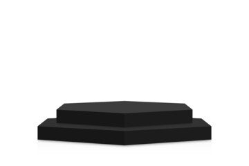 Poster - Black podium mockup in hexagon shape. Empty black stage and pedestal mockup on white background. Hexagon podium, stand and platform for award ceremony and product presentation. Vector