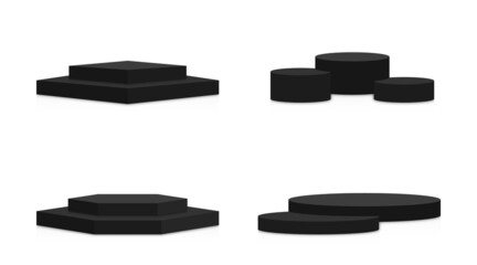 Poster - Black podium mockup in round and square shapes. Collection of pedestal, stage and platform mockups on white background. 3d black podium and platform for award ceremony and product presentation. Vector
