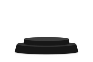 Poster - Black podium mockup in circle shape. Empty black stage and pedestal mockup on white background. Round podium, stand and platform for award ceremony and product presentation. Vector