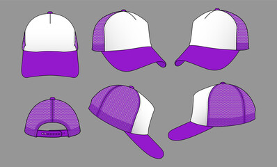 Wall Mural - Purple-White Trucker Cap With Mesh Four Panel Back and Adjustable Snap Back Strap Design on Gray Background, Vector File
