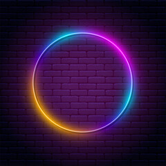 Leinwandbilder - Round neon sign. Bright neon light, illuminated round frame. Glowing purple neon tube in circle. Signboard or banner template in 80s and 90s style. Vector