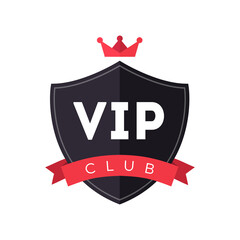 Vip club logo. Exclusive membership badge. Vip club icon design with red crown and ribbon. Creative modern member pass. Premium celebrity access card. Prestige symbol. Vector element