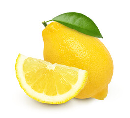 Wall Mural - Ripe lemon fruit and sliced with leaves isolated on white background, Fresh and Juicy Lemon..