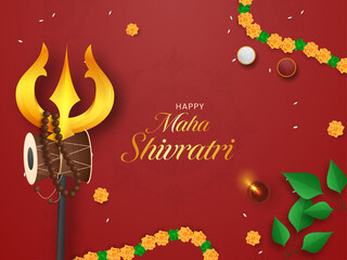 Wall Mural - Happy Maha Shivratri Font With Trishul (Trident), Damru, Rudraksha Mala (Hindu Prayer Beads), Flower Garland, Lit Oil Lamp (Diya), Bael Leaves, Kumkum, Rice Decorated On Red Background.