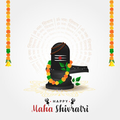 Poster - Happy Maha Shivratri Concept With Lord Shiva Lingam Decorated By Marigold Garland, Bael Leaves, Rudraksha And Golden Bell On Om Namah Shivay Text Rounded Background.