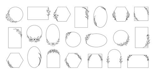 Floral frames. Minimalistic botanical borders with plant branches. Herbs and flowers. Calligraphy blossoms or leaves. Geometric outline elegant shapes. Vector decorative wreaths set
