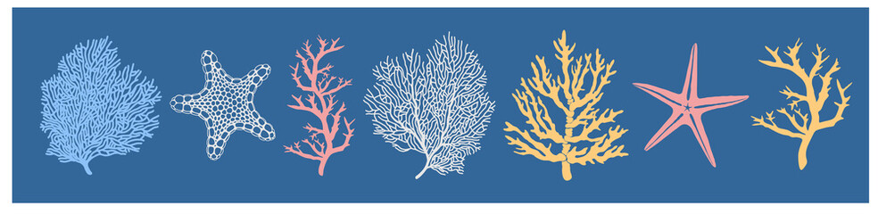 Marine fauna. Set of seven colored vector silhouettes of starfish and corals isolated on blue background.