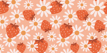 Cute Girly Strawberry And Daisy Floral Pattern. Spring Summer Strawberries And Daisies Illustration Repeat Wallpaper. Pink Background. Seamless Pattern Vector.