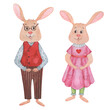 A pair of watercolor rabbits for decoration: a rabbit in a suit and glasses and a rabbit in a dress.Cute characters for decoration