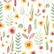 Seamless watercolor pattern with wild flowers, branches with leaves, dried flowers, meadow herbs of different sizes in a romantic style. Great for fabric, paper, wallpaper, textile design