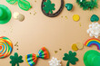 © maglara - St Patrick's day holiday frame border background with lucky charms, shamrock and  rainbow. Top view, flat lay