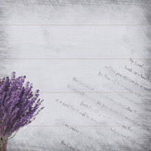 Digital Background For Scrapbooking Or Vintage Paper. Bouquet Of Lavender Flowers On A Gray Wood Background.