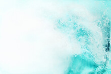Green Smoke On White Ink Background, Colorful Fog, Abstract Swirling Emerald Ocean Sea, Acrylic Paint Pigment Underwater