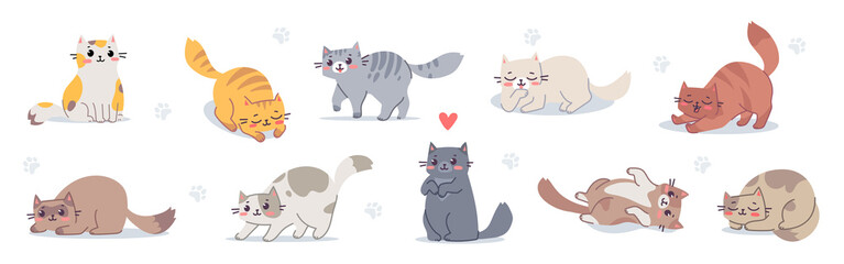 vector set of illustration with happy cute different cat character on white color background. flat l