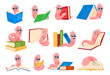 Collection cute cartoon bookworms vector flat illustration funny worms in glasses reading books