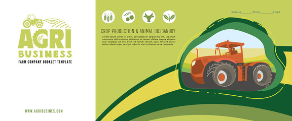 Banner of the agricultural concept. A tractor is plowing in a field among farmlands. Vector rural background for the design of leaflets or booklets.