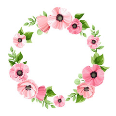 Wall Mural - Vector floral wreath with pink poppy flowers and green leaves. Floral circle frame. Greeting or invitation card design.