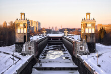 Floodgates On Moscow Canal At Moskva River In Winter, Moscow, Russia