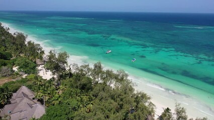 Wall Mural - Nice palms in Diani beach Kenyan coast African Sea drone aerial 4k waves blue indan ocean tropical mombasa turquoise white sand East Africa  paradise view Kenya landscape 