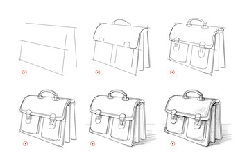 Wall Mural - Page shows how to learn to draw sketch of briefcase. Creation step by step pencil drawing. Educational page for artists. Textbook for developing artistic skills. Online education. Vector image.