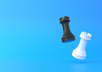 Wall Mural - Realistic rook on bright blue background with copy space. Chess piece. Minimal creative battle concept. 3d render 3d illustration