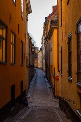 Wall Mural - Narrow street in Europe in Stockholm without people during the day with a paved road