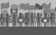 © NTPY - Silhouette people with protesting. Protesters hands holding loudspeaker, banner and flag with no wear mask. Protest no mask on covid 19 situation. Vector illustration Eps10