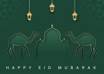 Sticker - Simple Design of Happy Eid Mubarak Poster with Camel and Mosque Line Art Vector Illustration. Islamic holiday festival celebration