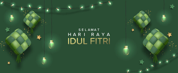 Wall Mural - Eid Mubarak Template with 3D Realistic Ketupat Vector Illustartion, Eid Al Fitr with Islamic Ornament