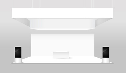 Exhibition stand trade show corporate identity booth mock up template. Empty retail booth design in hall for marketing and event concept