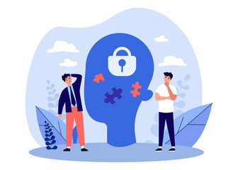 Wall Mural - Confused tiny men and big human head with puzzle pieces and lock. Office workers solving problem flat vector illustration. Solution, psychology, strategy concept for banner or landing web page