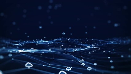 Leinwandbilder - cloud computing technology concept upload-download transfer database to cloud. There is a small white cloud icon over a slow-moving polygon with a dark blue background. big data.