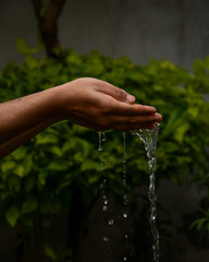 Sticker - A vertical closeup of the water dripping from the man's hands.