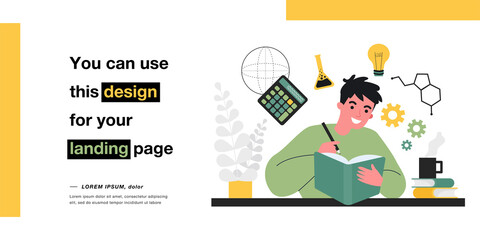 Male student studying science from book. Man learning experiments in chemistry, formulas flat vector illustration. School, university education concept for banner, website design or landing web page