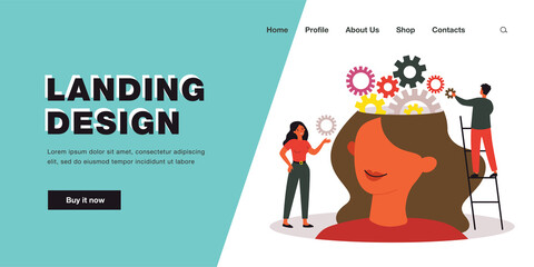 Wall Mural - Team of tiny people working on balance of gears in female head. Man starting cognitive machine flat vector illustration. Training, self education concept for banner, website design or landing web page
