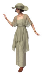 3D Woman in retro green gown and hat