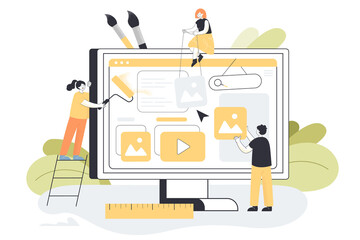 Creative mini designers changing website interface. Tiny persons covering computer screen with paint and digital content flat vector illustration. Teamwork, marketing development concept for banner