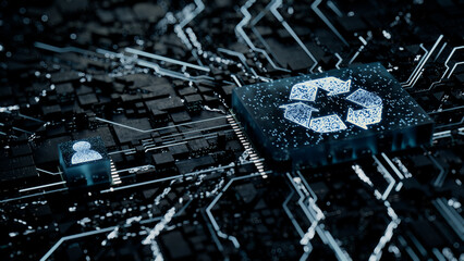 Eco Technology Concept with recycle symbol on a Microchip. White Neon Data flows between the CPU and the User across a Futuristic Motherboard. 3D render.