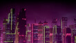 Futuristic City Skyline with Pink and Yellow Neon lights. Night scene with Advanced Superstructures.