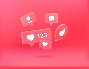 Wall Mural - Social media notification bubbles on red background. 3d vector concept